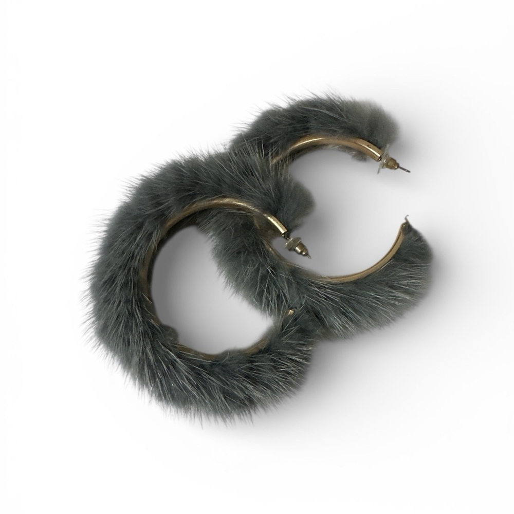 Rabbit Fur Gray Hoop Earrings - Picture 4 of 5